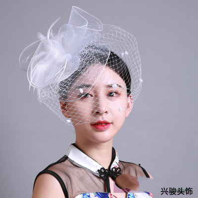 Bridal Headdress Vintage Eye-Covering Veil Cheongsam Fashion Show Headdress Mesh Feather Evening Dress Billycock Watch Show Hair Accessories