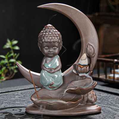 Ywbeyond Home Decor Buddha Incense Burner Little Monk Moon Lotus Smoke Waterfall Incense Burner Ceramic Incense Holde