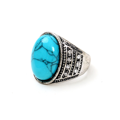 Ring European and American Imitation Crack Blue Bracelet Vintage Resin Colored Glaze High Profile Fashion Alloy Diamond-Embedded Bold Ring