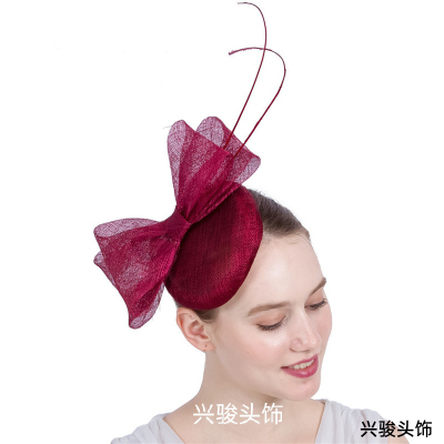 Creative Bowknot Ostrich Rod Wine Red Billycock High-End Ladies Personal Photo Import Cambric Hairware