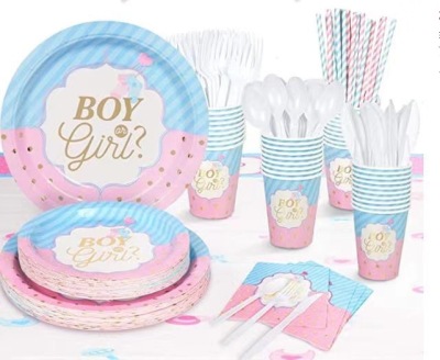 In Stock Boy Girl Babyshower Party Baby Birthday Paper Cup Paper Pallet Knife, Fork and Spoon Tablecloth Decoration Set