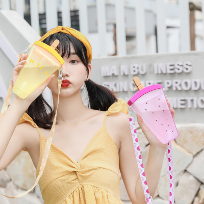 Summer Simplicity Korean Style Creative Water Cup Silicone Watermelon Strap Straw Cold Drink Plastic Shape Water Cup Hot Sale