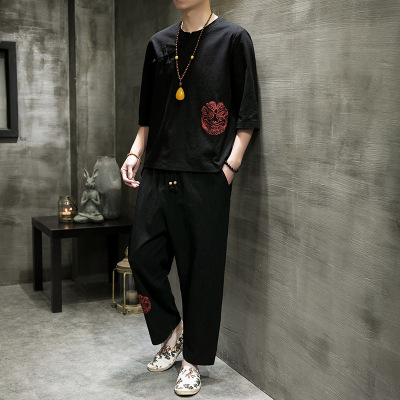 Chinese Style Men's Clothing Laid-Back Linen Suit Zen Clothes Tea Suit Lay Buddhist Clothes Ancient Tang Suit Retro Style Cotton and Linen Han Costume Summer