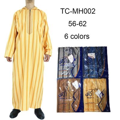 New Muslim Morocco Hooded Design Islamic Men's Cotton Linen Striped Robe One Piece Dropshipping