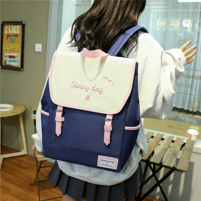 New Junior High School Student Schoolbag Female Fresh Sweet Japanese Contrast Color Backpack Female Campus Large Capacity Custom Backpack