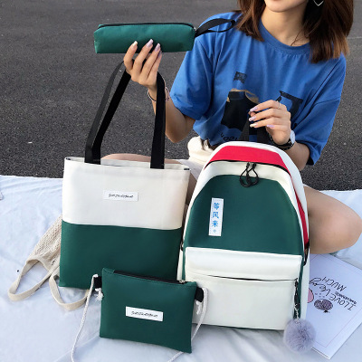 Wholesale 2019 New Canvas Backpack Four-Piece Set Korean Casual Fashion Contrast Color Student Schoolbag Shoulder Bag