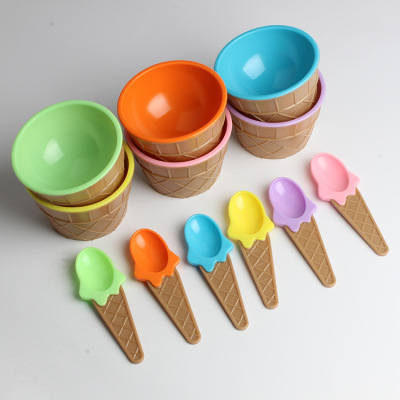 Ice Cream Ice Cream Bowl round Plastic Bowl Creative Tableware Children's Tableware Ice Cream Bowl Bowl Spoon 2-Piece Set with Spoon