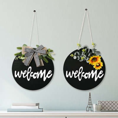 New American Country Wooden Welcome Doorplate Sunflower Bow Decoration Garland Door Decoration Welcome