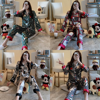 Autumn Pajamas Women's Long-Sleeved Ice Silk Korean Cartoon Cute Silk Can Be Worn outside Artificial Silk Home Wear Two-Piece Summer