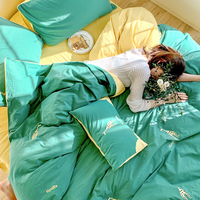 2020 New Korean Style Cartoon Cotton Four-Piece Set Fresh Cotton Quilt Cover Green Bed Dormitory Three-Piece Set