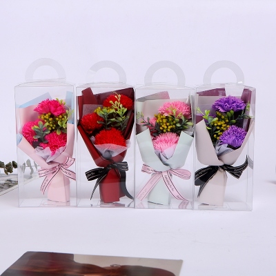 Mother's Day Gift Wholesale Transparent PVC Gift Box 3 Carnation Simulation Soap Flower Teacher's Day Cross-Border