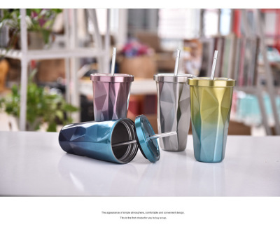 New Gradient Color Cup Diamond Vacuum Cup with Straw Stainless Steel Double-Layer Cups Advertising Cup Customization