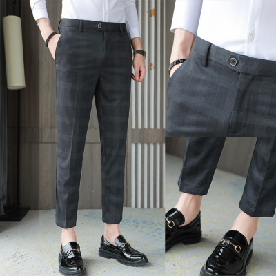 Summer Casual Men's Trousers Cropped Men's Casual Pants Ankle-Tied Trendy Pants Ice Silk Business Slim Fit Small Suit Pants Thin