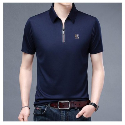 Yilin River Half Zipper and Lapel Polo Shirt Embroidered R Standard Short Sleeve Casual Young and Middle-Aged Men's T-shirt Tencel Cotton