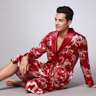 Cross-Border Ice Silk Pajamas Men's Spring and Autumn Long Sleeve Nightgown Printed Dragon Pattern Long Bathrobe Artificial Silk Home Wear Wholesale