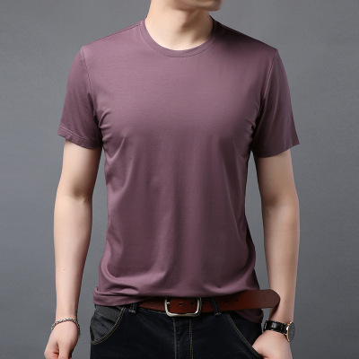 Summer Middle-Aged Men's Mercerized Cotton Short-Sleeved T-shirt Loose Pure Cotton Solid Color round Neck Ice Silk Half-Sleeved Thin Top
