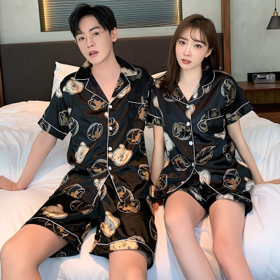 Couple Pajamas Women's Summer Ice Silk Short Sleeve Thin Internet Hot plus-Sized plus Size Men's Real Silk Home Wear