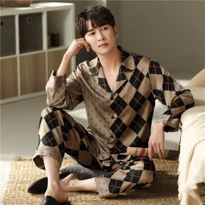 Spring Long Sleeve Loose and Simple Plaid Ice Silk Pajamas Suit Air Conditioning Clothes Men's Casual Artificial Silk Home Wear