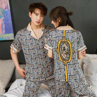 2021 Summer New Ice Silk Pajamas Women's Short-Sleeved Couple Can Wear outside Loose Large Size Stitching Printing Homewear Men