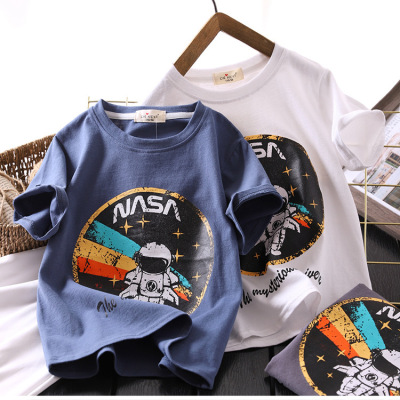 Boy's Short-Sleeved T-shirt 2021 Summer New Children's Medium and Large Children's Thin Stretch Casual Undershirt Western Style Printed Tide