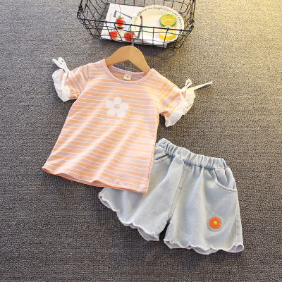 Girls' Summer Suits Western Style 2021 New Striped Flare Sleeve T-shirt Baby Girl Fashionable Jeans Two-Piece Set