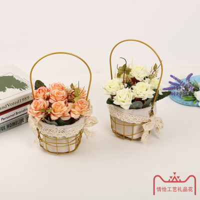 Living Room Dining Table Iron Flower Basket Simulation Plastic Flowers Home Decorative Fake Flower Bouquet Picnic Decoration Factory Direct Sales