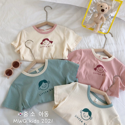 Muwanqing 2021 Summer New Children's T-shirt Children Girls' Baby Leisure Printed round Neck Bottoming Shirt