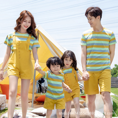 Parent-Child Wear Summer 2021 New Three-Mouth Four-Mouth Mother-Child Short-Sleeved T-shirt Mother-Daughter Strap Striped Sports Suit