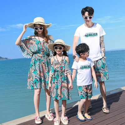 New Parent-Child Clothing Summer Clothing Seaside Holiday Family Pack off-the-Shoulder Mid-Length Bohemian Dress