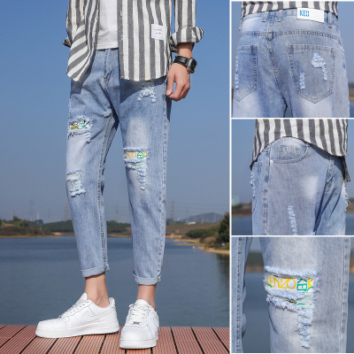 Broken Holes Pants 2021 Spring and Summer Men's Jeans New Slim Fit Skinny Pants Stretch Casual Trend Cropped Pants Fashion