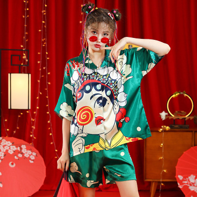 National Fashion Short-Sleeved Cardigan Artificial Silk Summer Shorts Pajamas Female Peking Opera Facial Makeup Star Same Style Chinese Style Home Wear