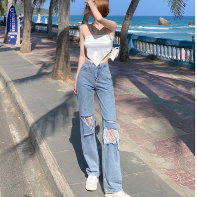 New Lace Stitching Ripped Jeans Women's Loose 2021 Summer Korean Style Denim Straight-Leg Pants High Waist Jeans