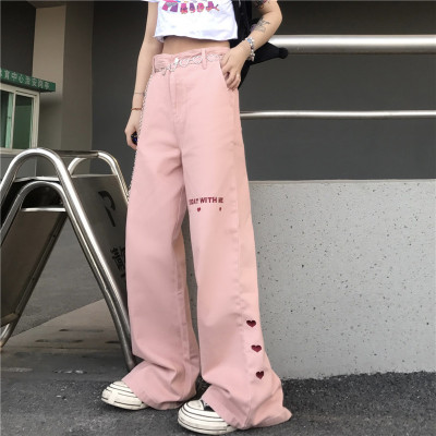 Korean Ins Trendy Retro Pink Love Jeans Casual Straight-Leg Mop Pants Loose Wide Leg Daddy Pants Women