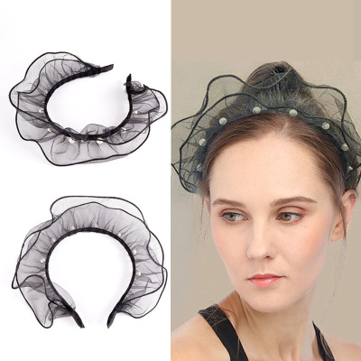 Europe and America Cross Border New Headband Fashion Runway Exaggerated Lace Mesh Pearl Headband Headdress Hair Accessories