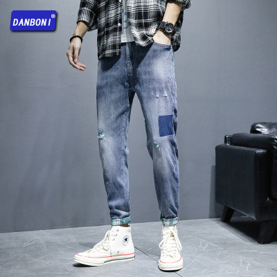 DBN Men's# Pants Men's Summer Korean Style Slim Fit Stretch Feet Pants 2021 New Fashion Brand Ripped Jeans