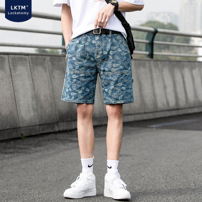 Lktm Men's Clothing #2021 Summer New Jacquard Denim Shorts Men's Trendy plus Size Loose Full Printed Five-Point Pants