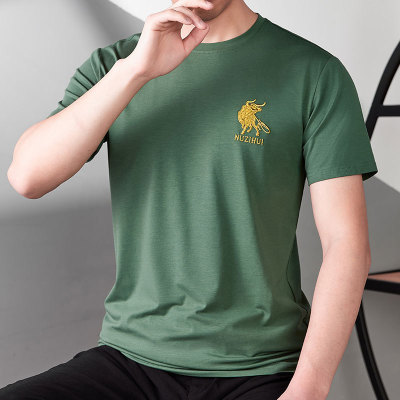 New Men's Mercerized Cotton T-shirt with Short Sleeves Summer Ice Silk Breathable Modal T-shirt Taurus Embroidery Half Sleeve Fashion Brand