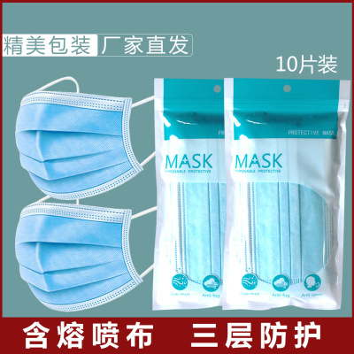 Wholesale Disposable Mask Three-Layer Protection Meltblown Fabric Dustproof Anti-Haze Bagged Mask 10 Pieces Individually Packaged