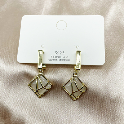 Sterling Silver Needle Earrings Versatile Personality Square Opal Korean Style Simple Ear Clip Non-Fading Earrings Personality