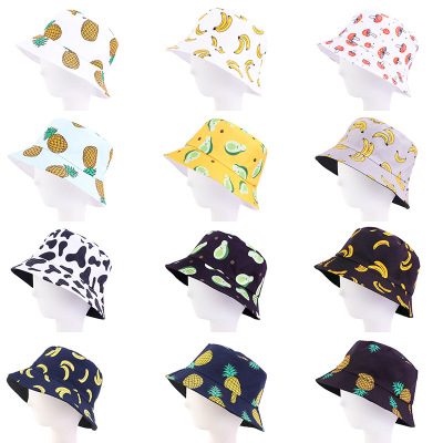 Women's Spring and Summer Outdoor Sun Hat Banana Pineapple Printed Bucket Hat Cotton Bucket Hat Parent-Child Hat Traveling-Cap