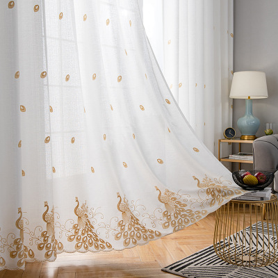 Internet Celebrity Nordic Modern Ins Style Light Transmission Nontransparent White Yarn Peacock Embroidery Yarn Balcony Living Room White Mesh Curtains Cloth