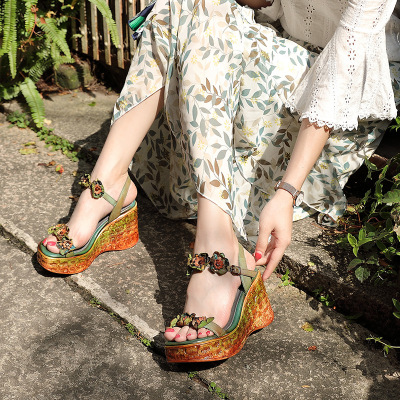 Travel 2021 New Sandals Women's Handmade Genuine Leather Flower Ethnic Style Women's Pumps Summer High Heels