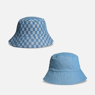 Plaid Fisherman Hat Women's Japanese Style Artistic Double-Sided Sun Hat Denim Color Basin Hat