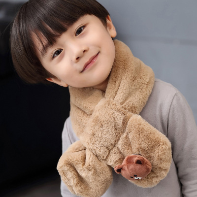 Autumn and Winter Imitation Rabbit Fur Brown Bear Series Scarf Scarves Thickened Warm Plush Children's Boys and Girls Scarf Baby