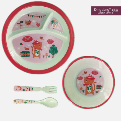 Melamine Children's Four-Piece Bedding Set Gift Stall Factory Direct Sales Cute Style Three-Lattice Plate Spoon Bowl Dinner Plate