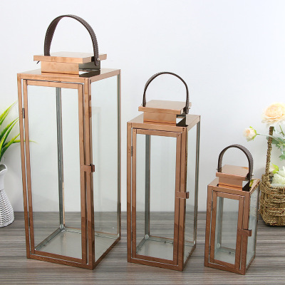 Simple European Wrought Iron Glass Candle Holder Decoration Set Portable Wind-Proof Light Soft Home Decoration Decoration