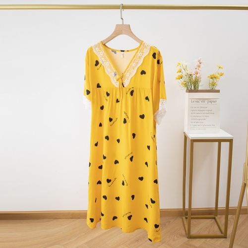 Cotton Silk Nightdress Women‘s Summer Thin Large Size Pajamas Lace Edge Short Sleeve Artificial Cotton Dress Can Be Worn outside Home Wear