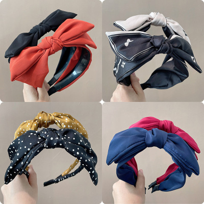 Bow Headband Korean Style Women's Simple Retro Solid Color Satin Black Fabric Pleated Wide Brim Instafamous Hairband