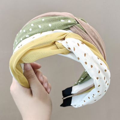 Japanese and Korean New Simple Hair Accessories Korean Style Lace Mesh Patchwork Contrast Color Polka Dot Knotted Cross Wide Edge Headband for Women