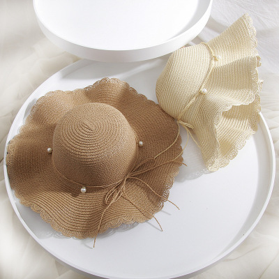 Straw Hat Women's Summer Wave along Pearl Bow Wide Brim Hat Korean Style Travel Beach Sun Protection Sun Hat Wholesale